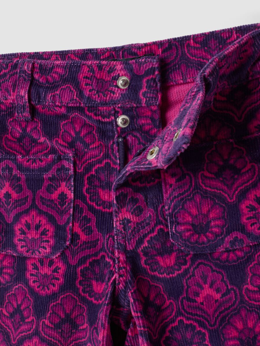 Purple flared ribbed stretch-cotton trousers with floral print_1