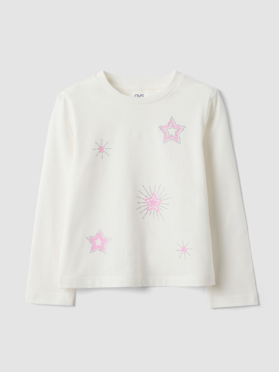 White pure organic cotton T-shirt with star print for girls_0