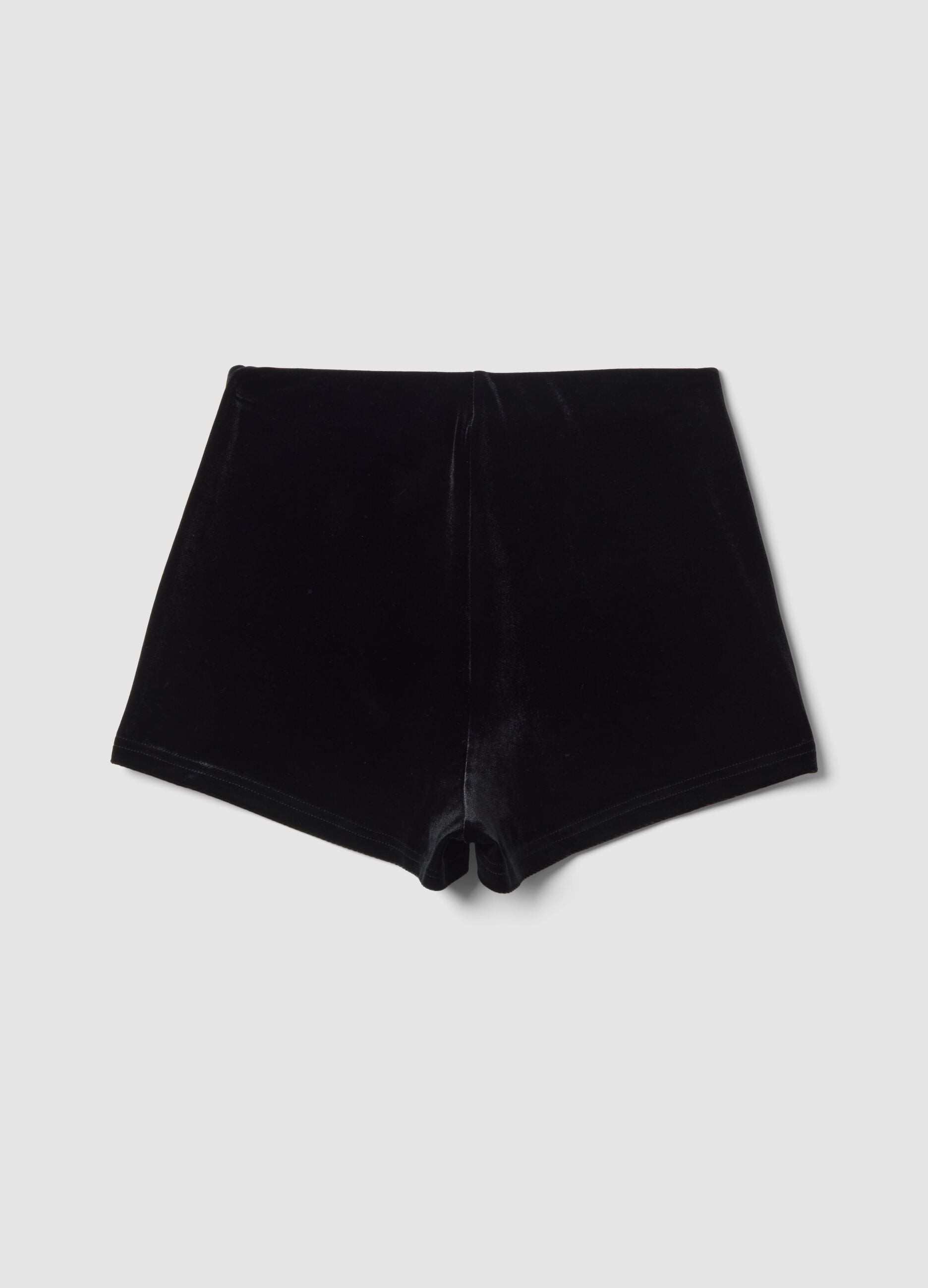 Black stretch velour slim-fit shorts with jewel embroidery