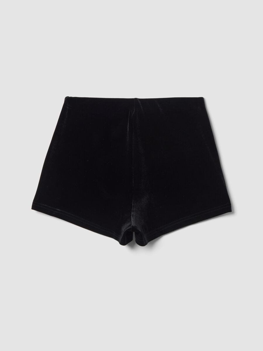 Black stretch velour slim-fit shorts with jewel embroidery_2