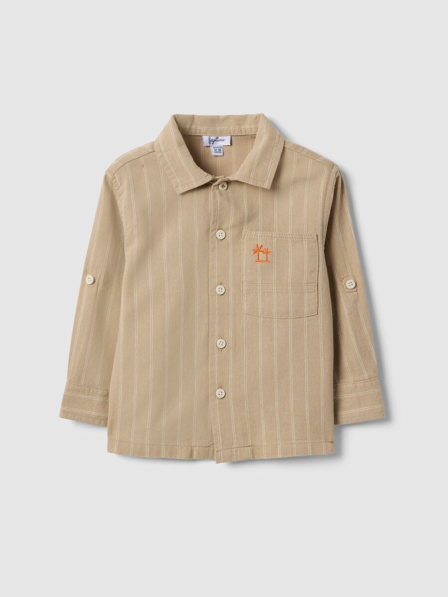 Oversized fit striped beige pure cotton shirt with buttons for boys_0