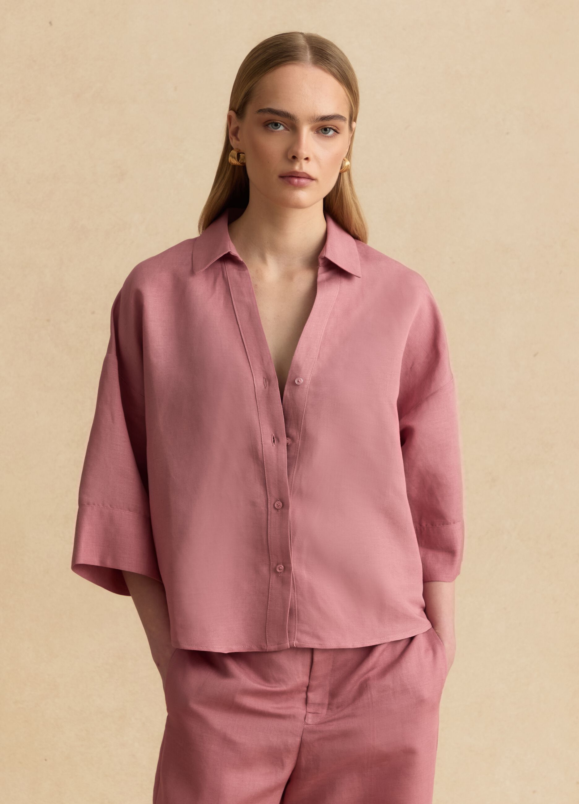Pink linen-viscose blend shirt with oversized fit