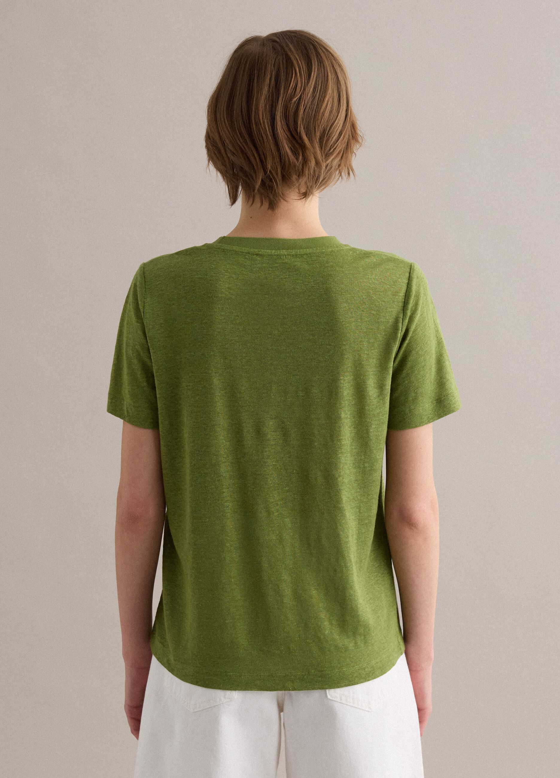 Gr&uuml;nes T-Shirt aus reinem Leinen mit kurzen &Auml;rmeln, Regular Fit