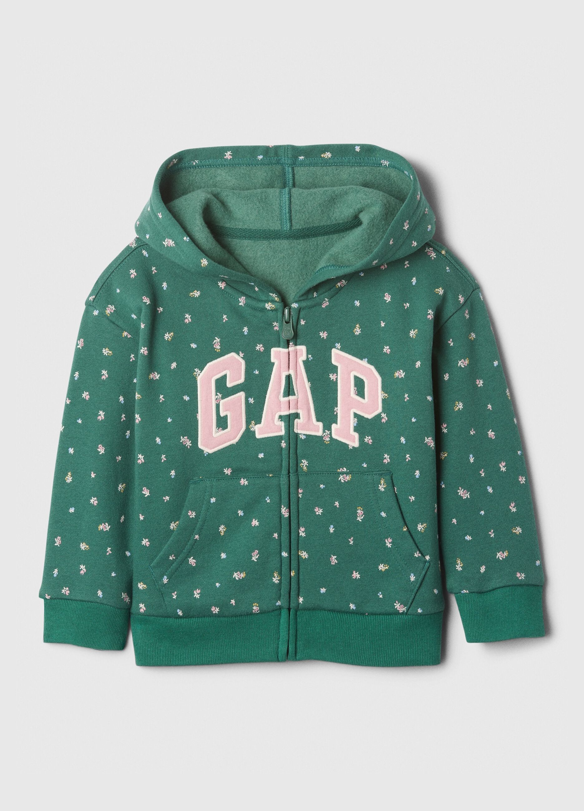 Full-zip floral hoodie with embroidered logo