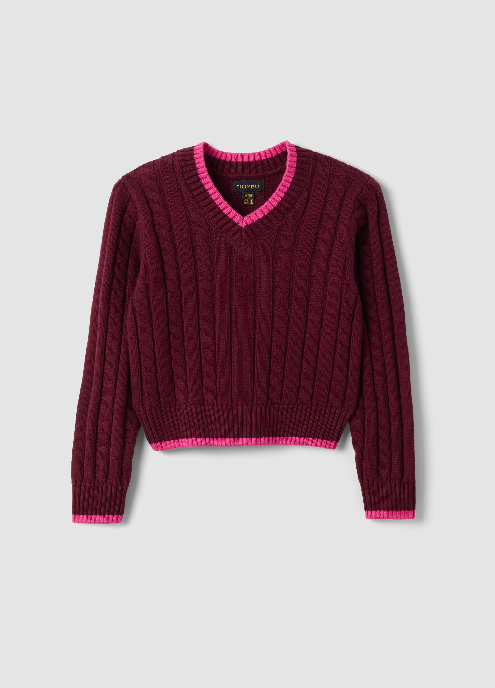 Roter V-Ausschnitt-Pullover aus reiner Baumwolle mit Zopfmuster f&uuml;r M&auml;dchen