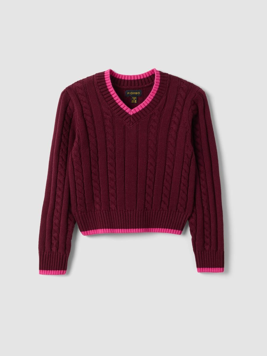 Roter V-Ausschnitt-Pullover aus reiner Baumwolle mit Zopfmuster f&uuml;r M&auml;dchen_0