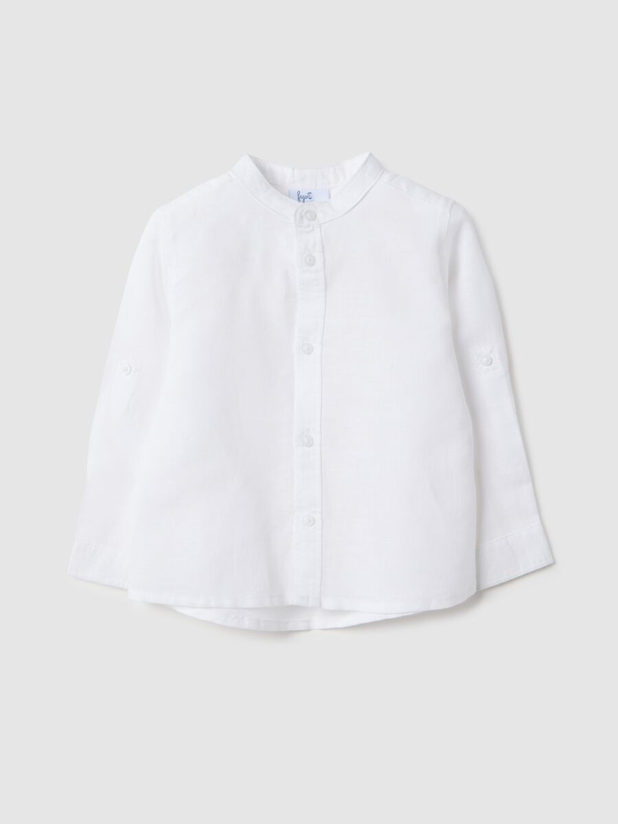 White linen and cotton baby shirt regular fit with mandarin collar_0