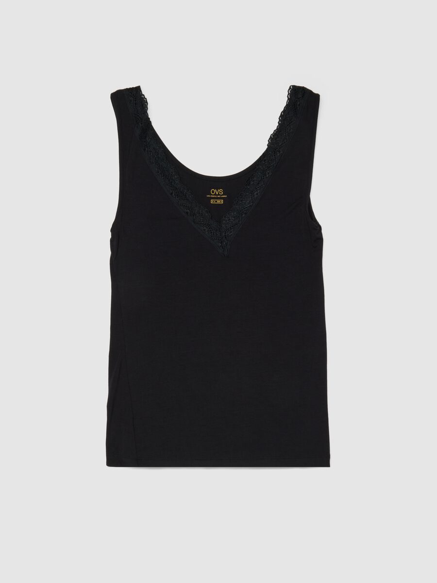Black stretchy viscose tank top regular fit deep V with lace_4