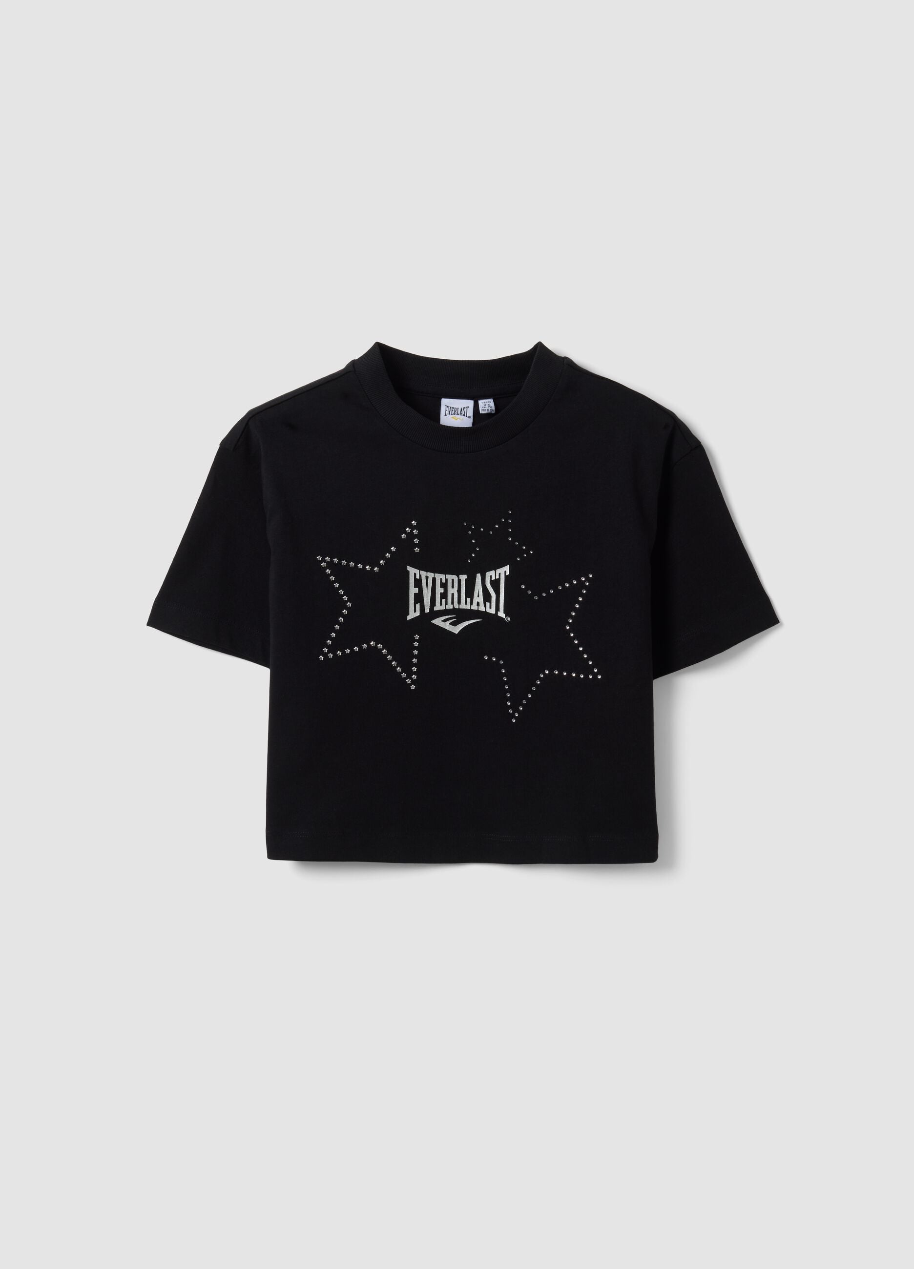 Girls&rsquo; cropped black pure cotton T-shirt with embellished stars