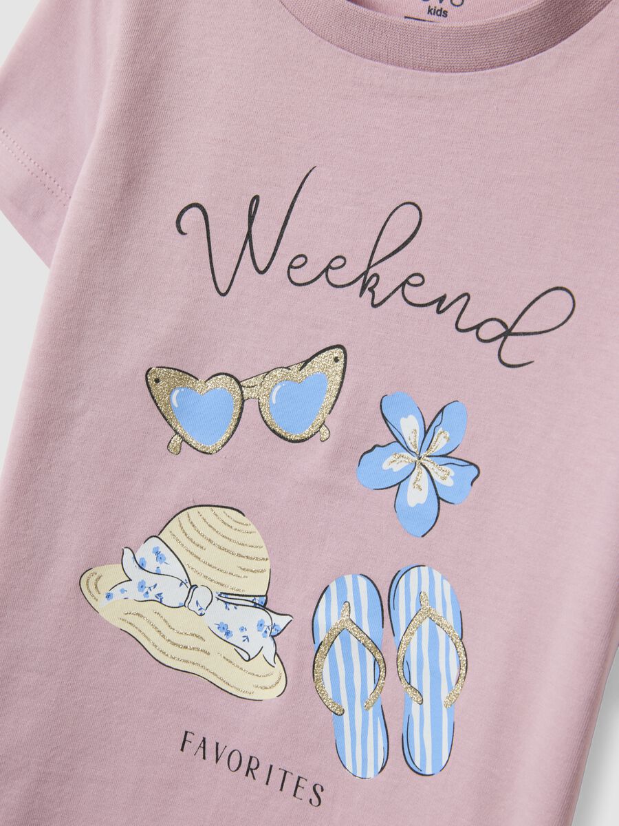 Girls&rsquo; pink organic cotton T-shirt with print and glitter_2