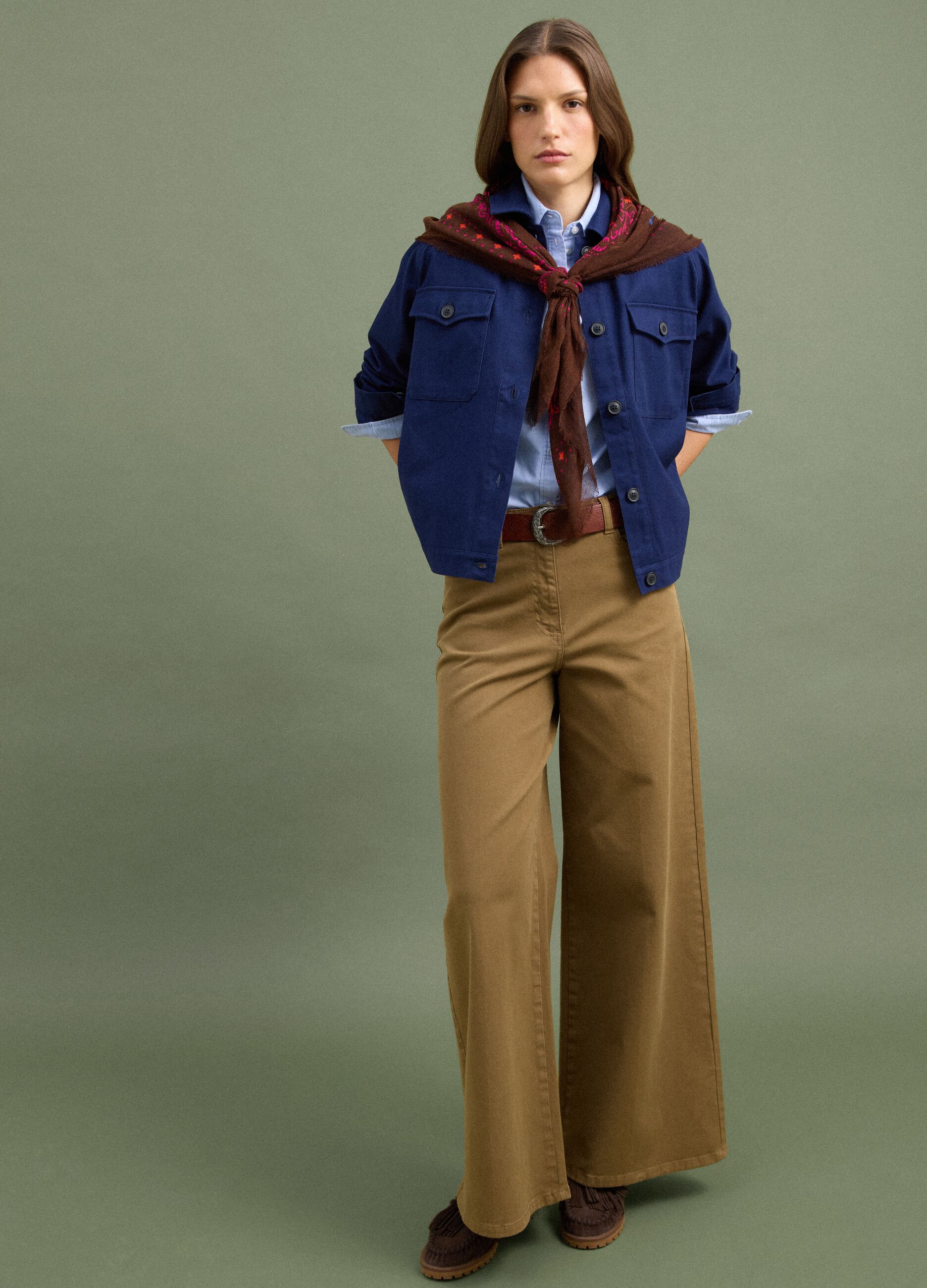 Brown stretch cotton wide-leg trousers