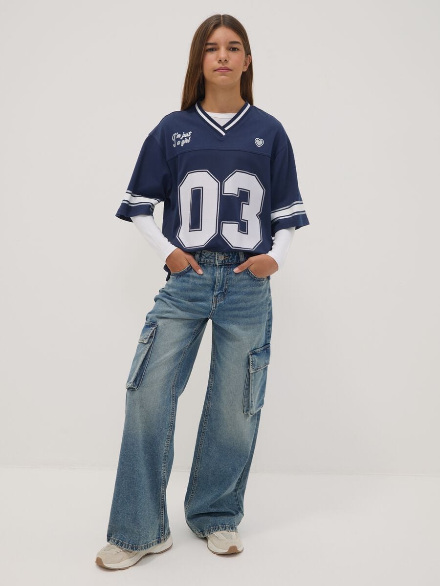 Blue pure cotton denim cargo jeans, relaxed fit for girls_0