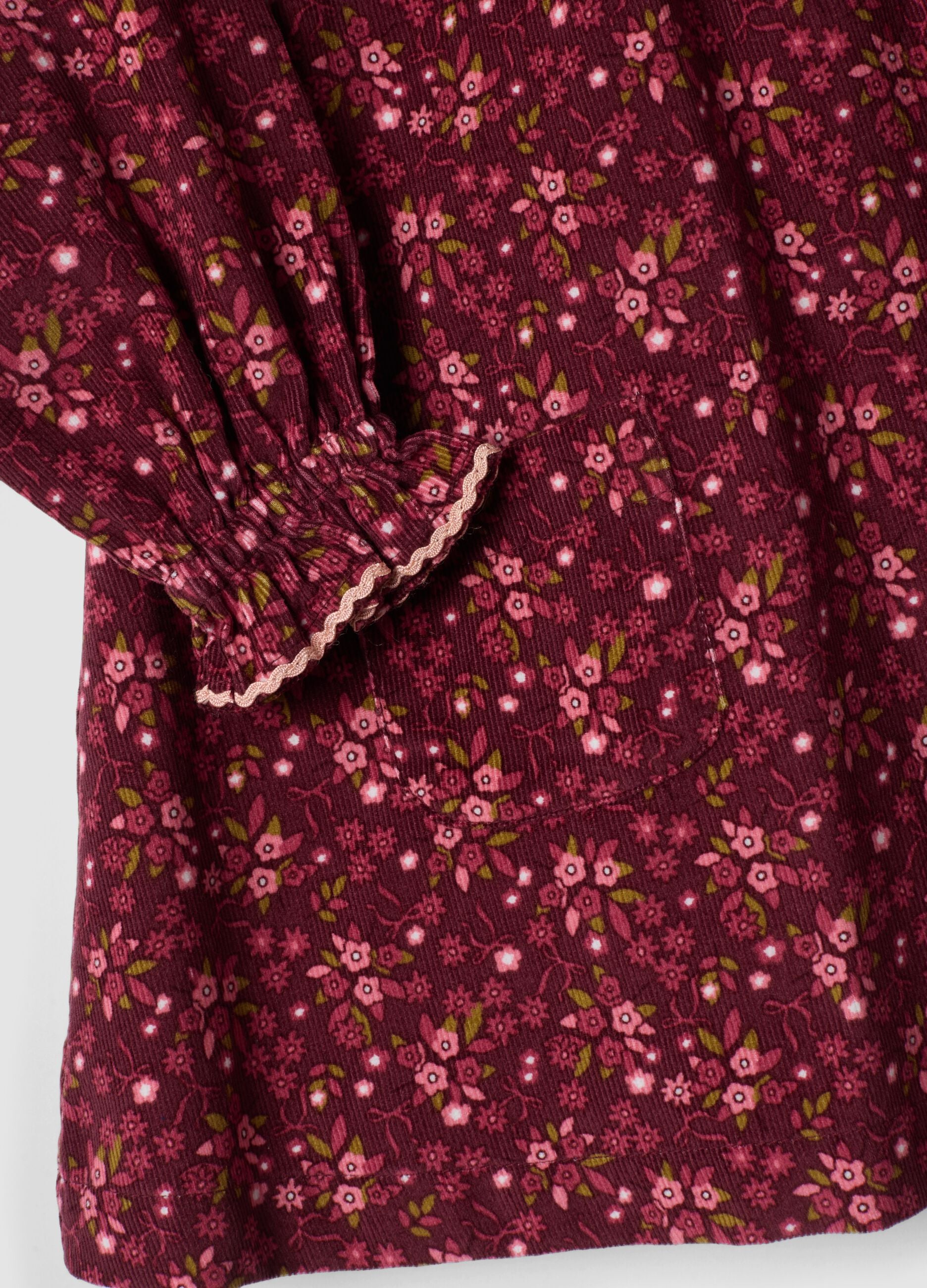 Bordeauxrotes Kleid aus reiner Baumwolle mit Blumenmuster und Rundhalsausschnitt, Regular Fit