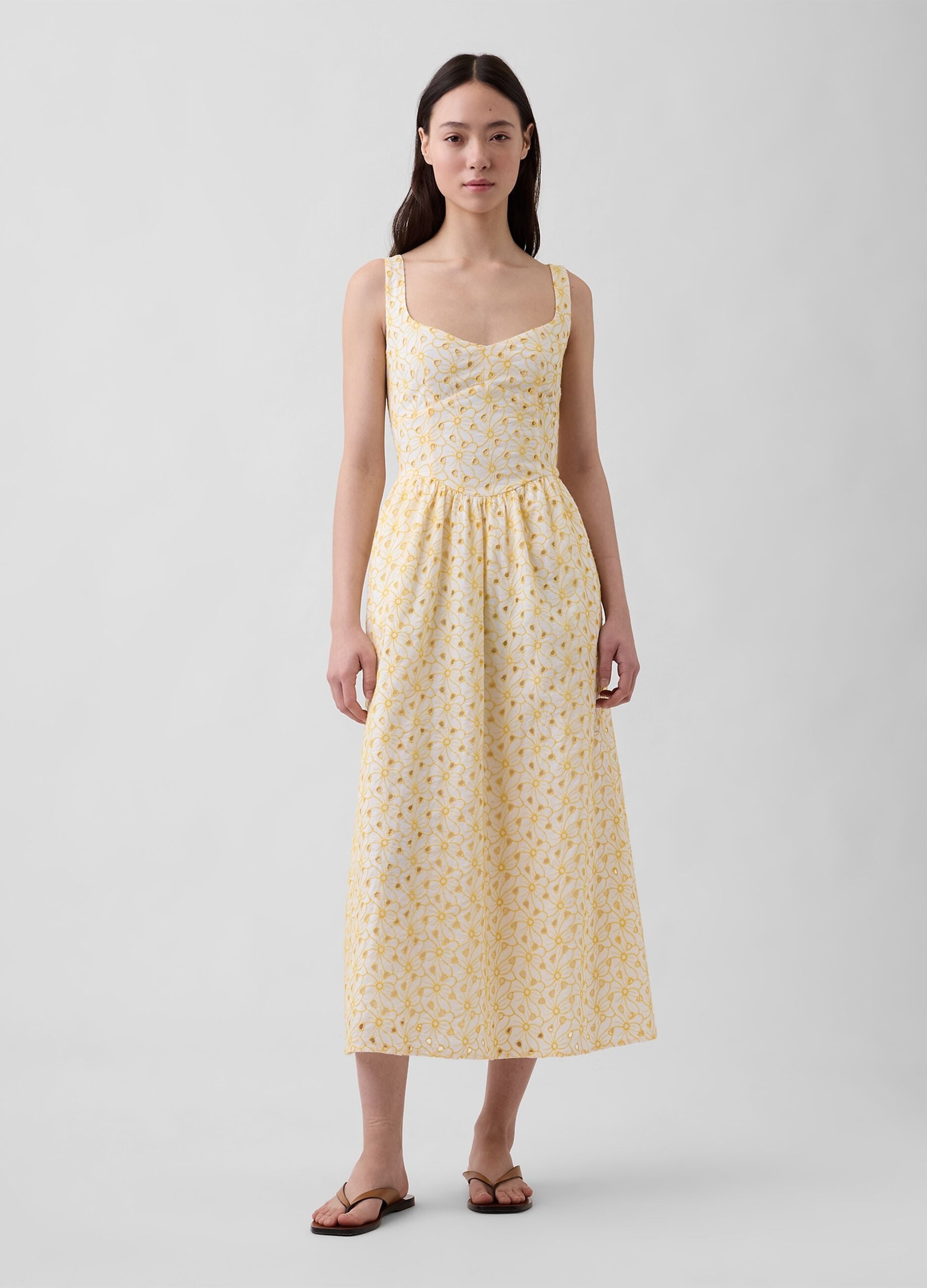 Vestido midi em algod&atilde;o puro com estampado floral