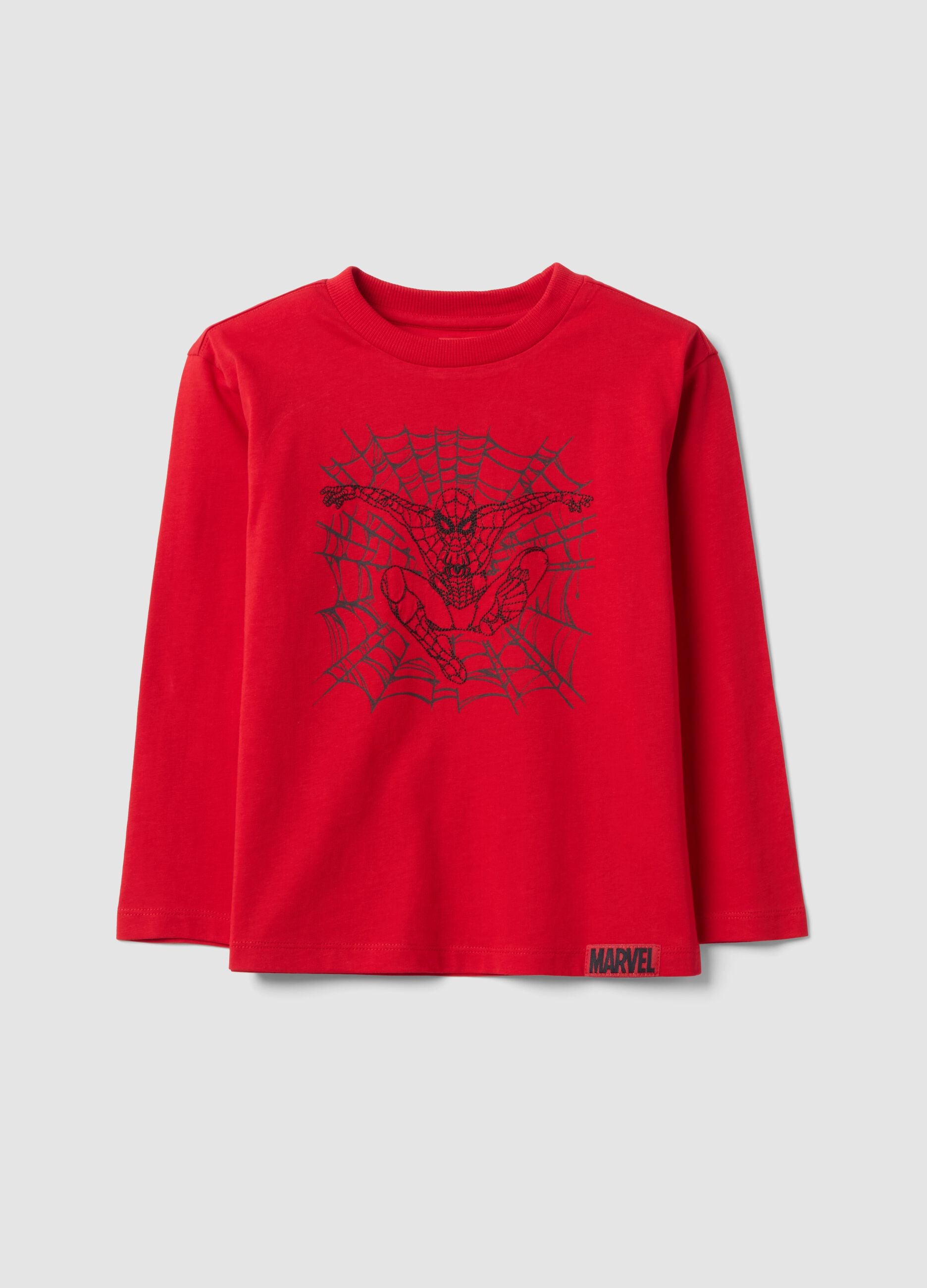 Red long-sleeved pure cotton Spider-Man print T-shirt for boys