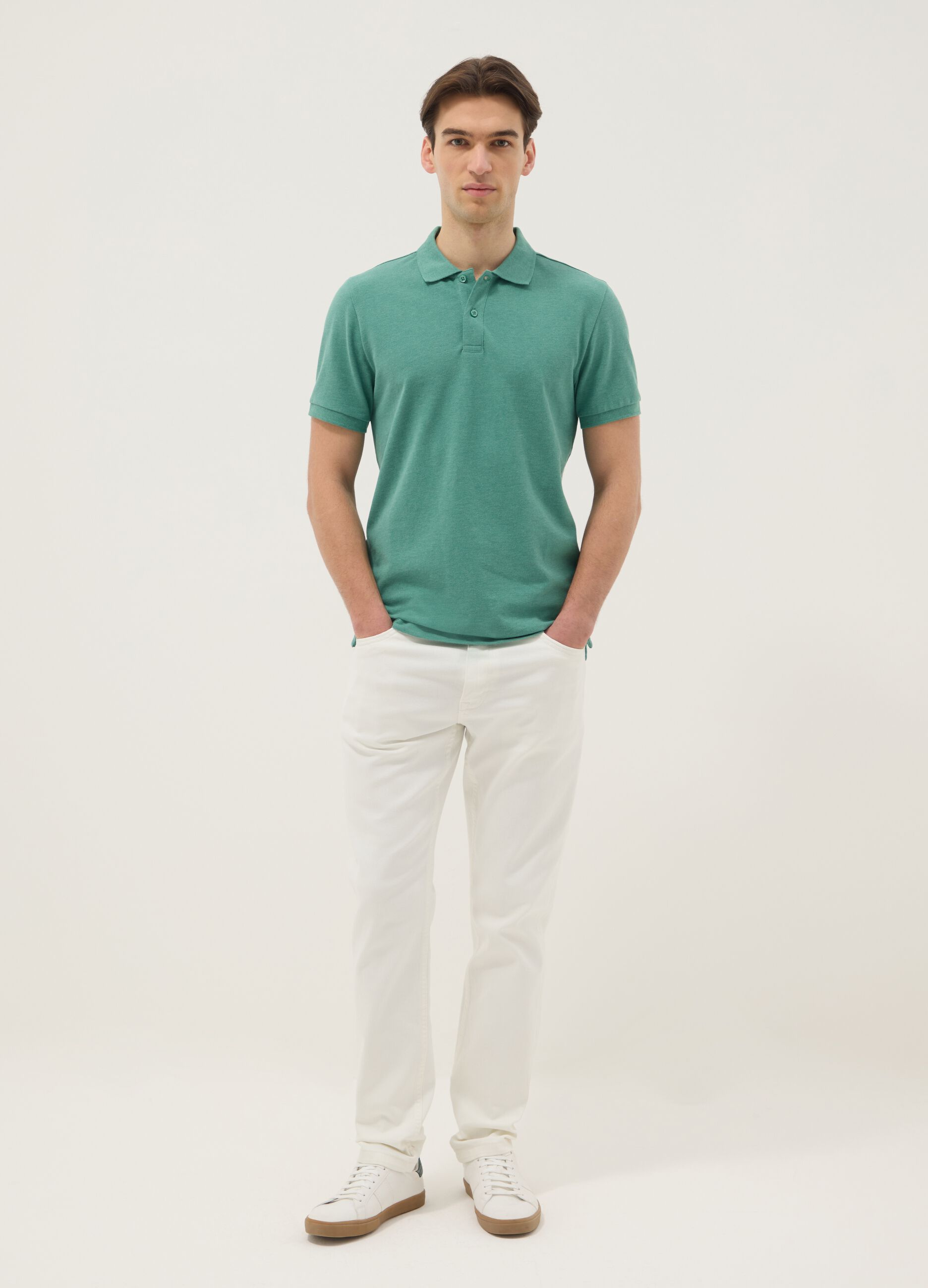 Green pure cotton short-sleeve polo shirt, regular fit