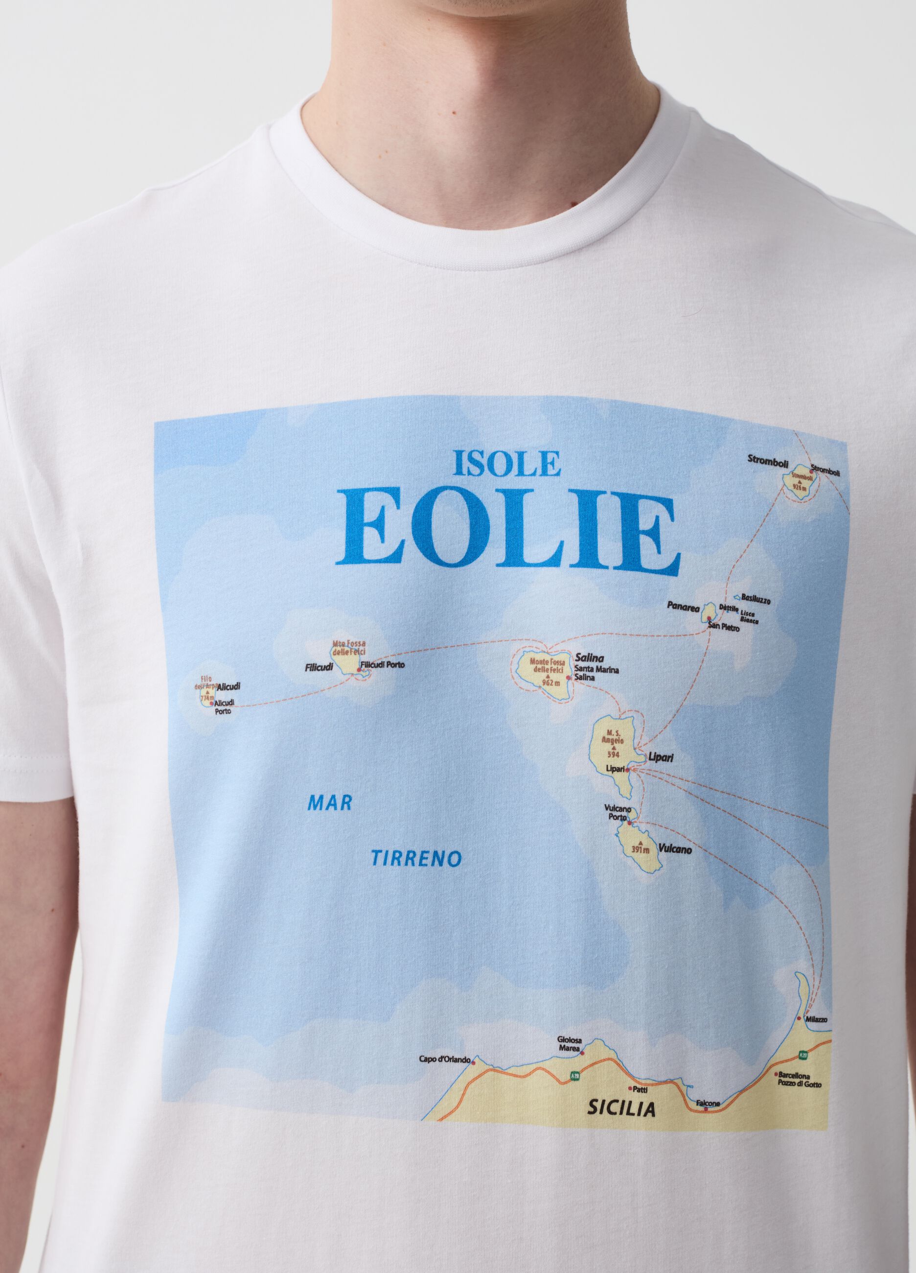 Cotton T-shirt with Aeolian Islands print