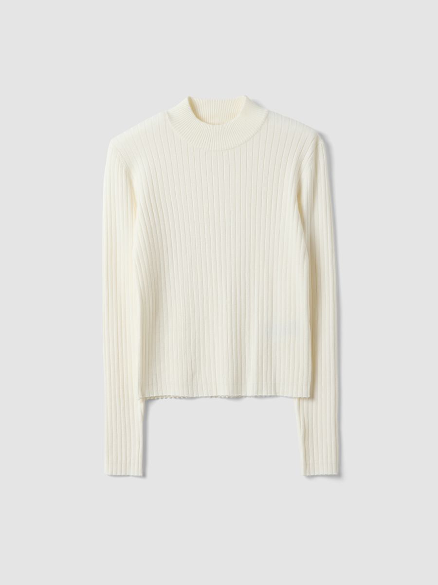 Camisola branca justa de mistura de viscose canelada com gola alta_4