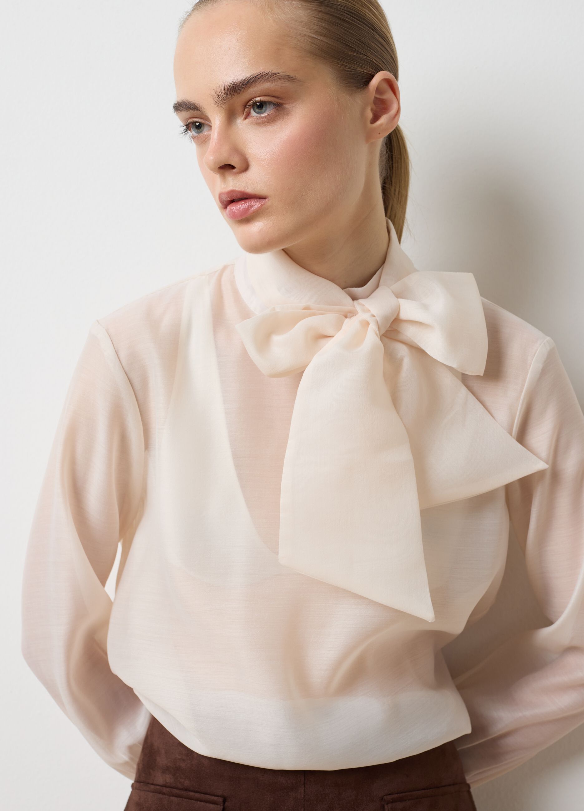 White Organza Shirt with Bow Regular Fit