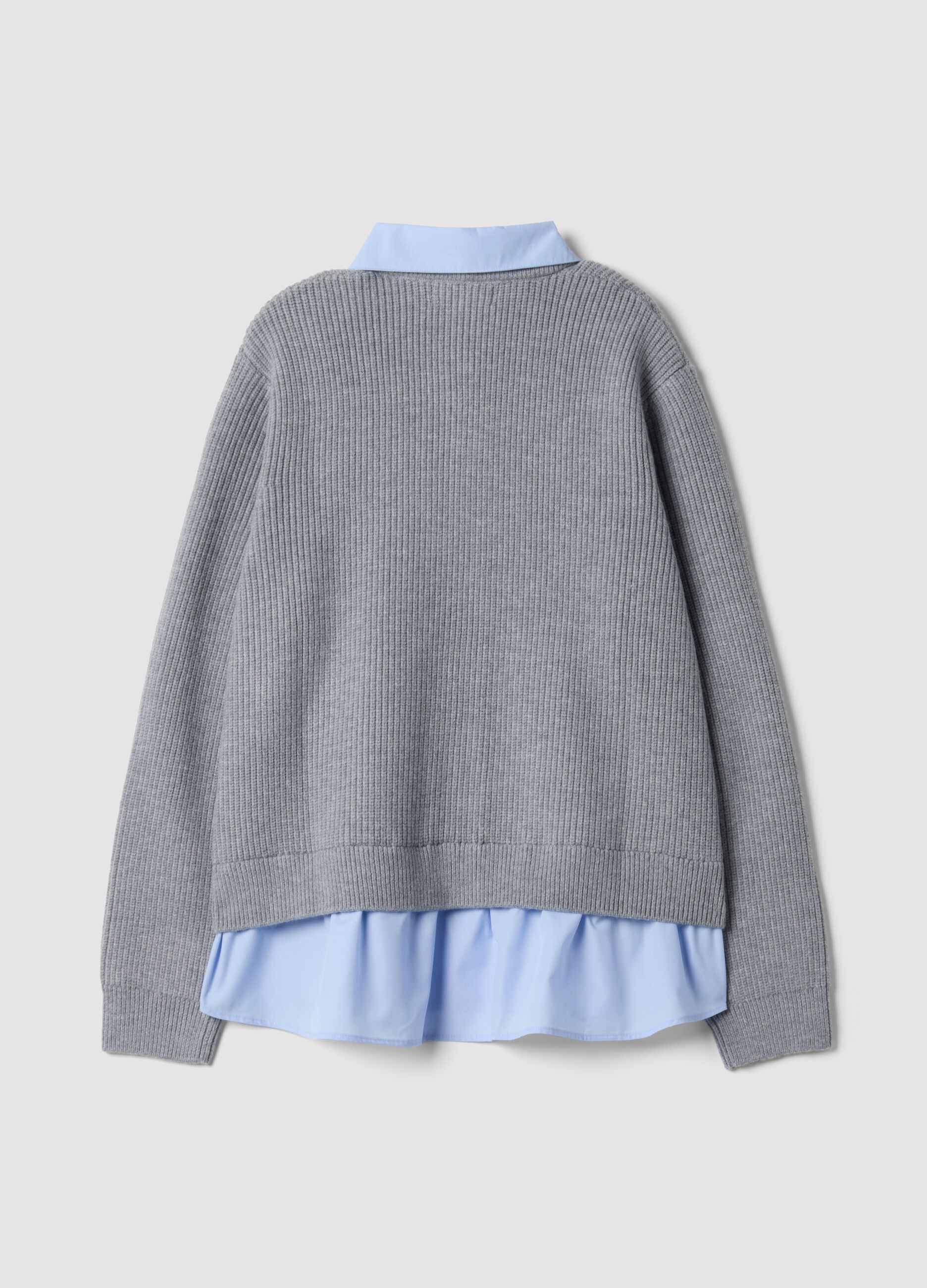 Grey rib-knit regular-fit cardigan with collar and layered-look detail