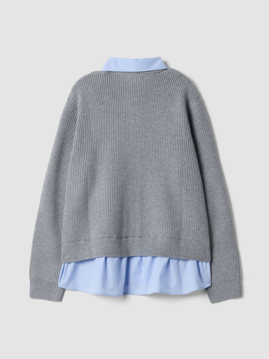 Grey rib-knit regular-fit cardigan with collar and layered-look detail_2