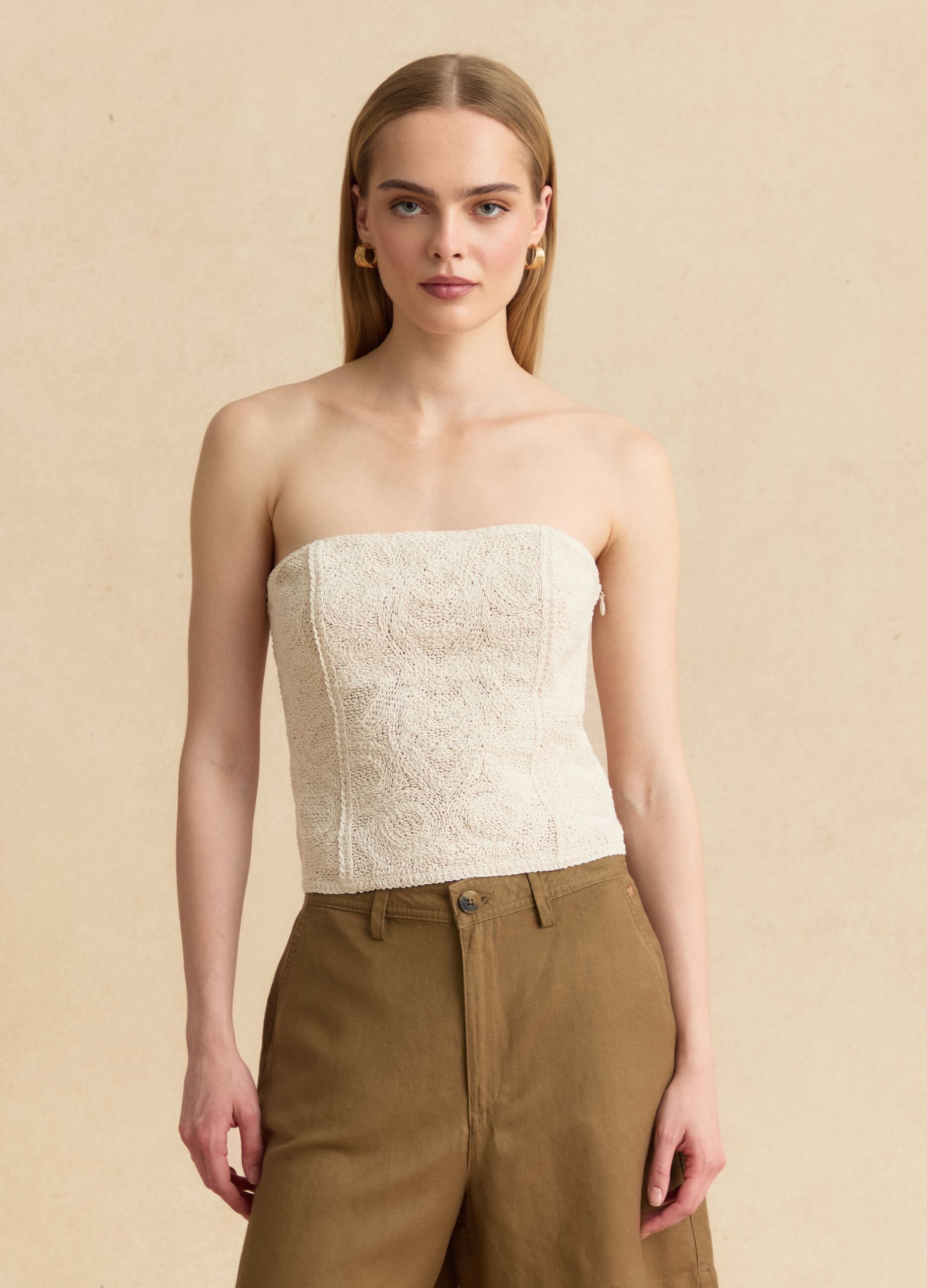 Beige strapless cotton-blend top, regular fit with textured knit