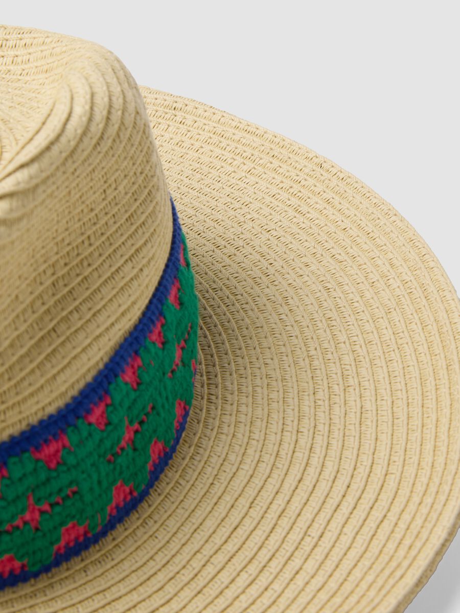 Chap&eacute;u panam&aacute; bege em tecido de papel puro com faixa multicolor_2