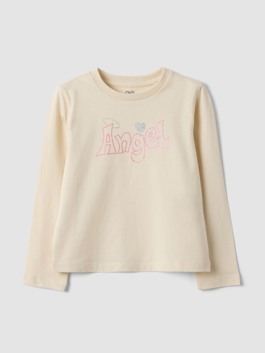 Beige pure organic cotton T-shirt with front print for girls_0