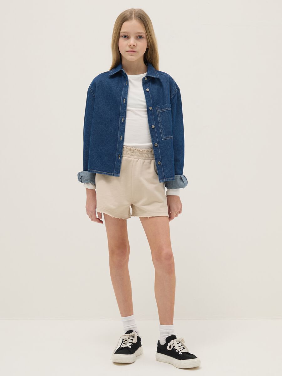 Girls' beige pure cotton shorts with relaxed fit_0