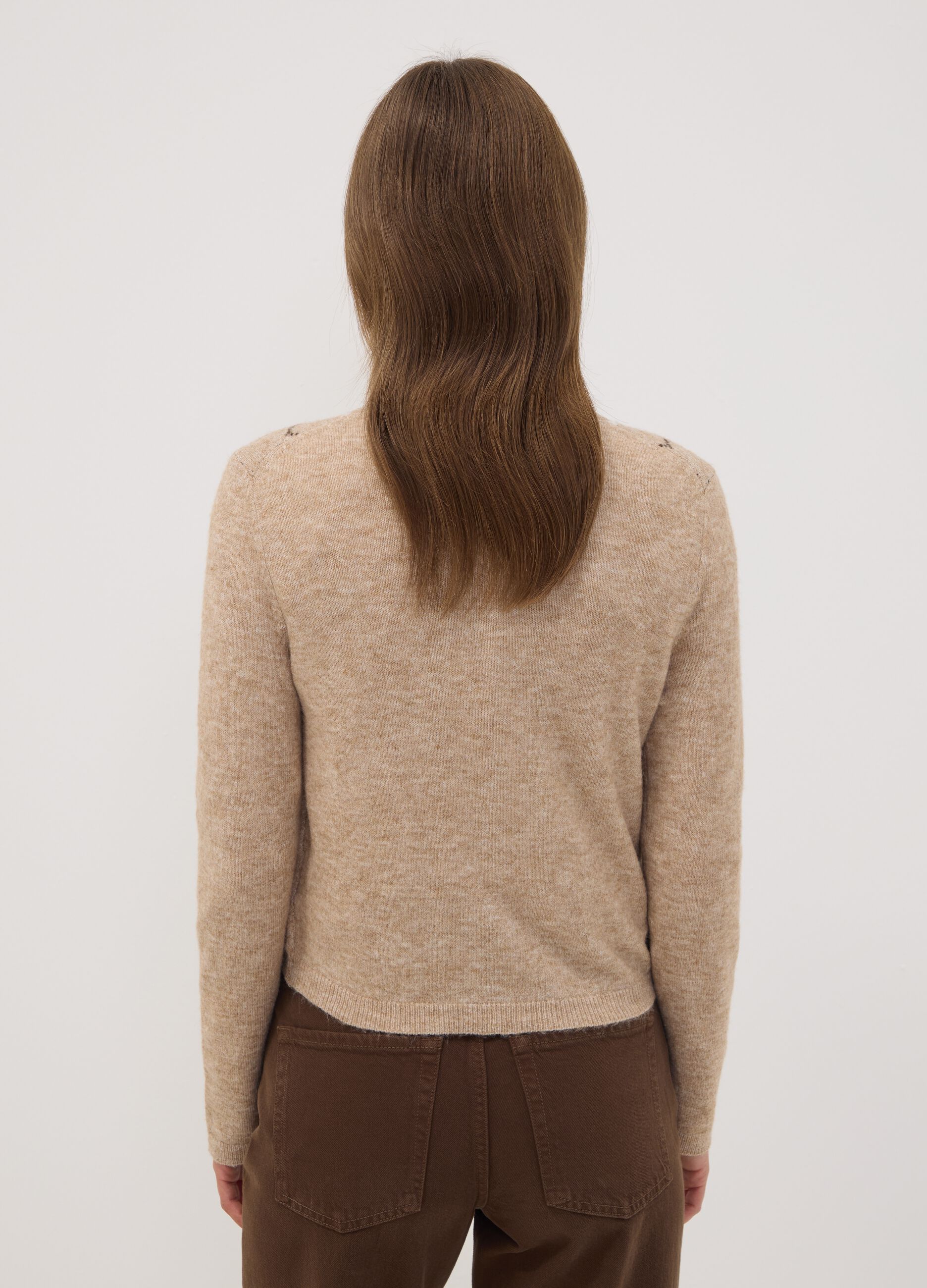 Beige jacquard stretch wool crew-neck cardigan, regular fit