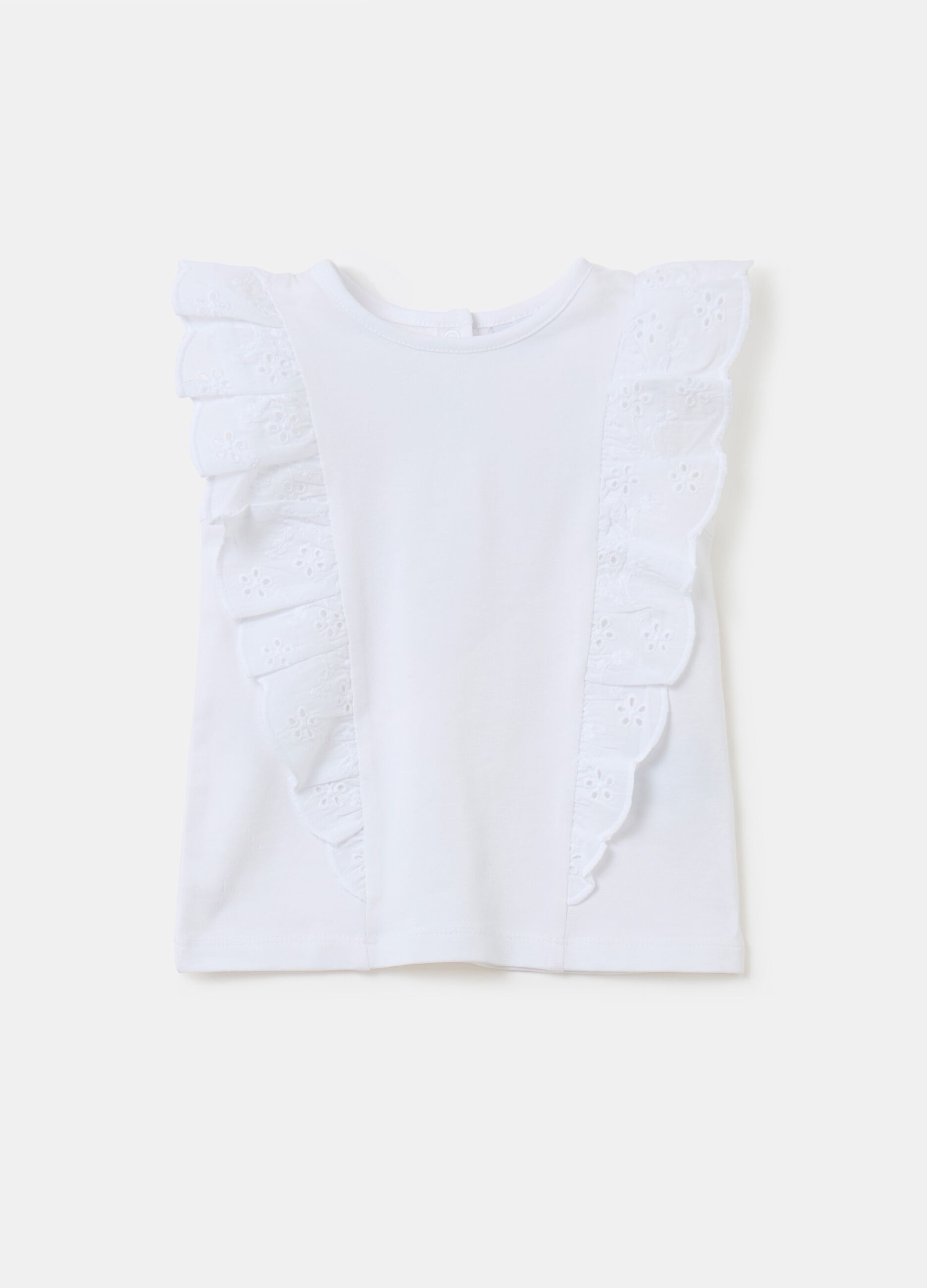 Sleeveless T-shirt with broderie anglaise frills