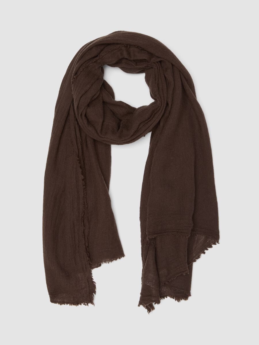Brown wool-blend scarf with fringed edges_0