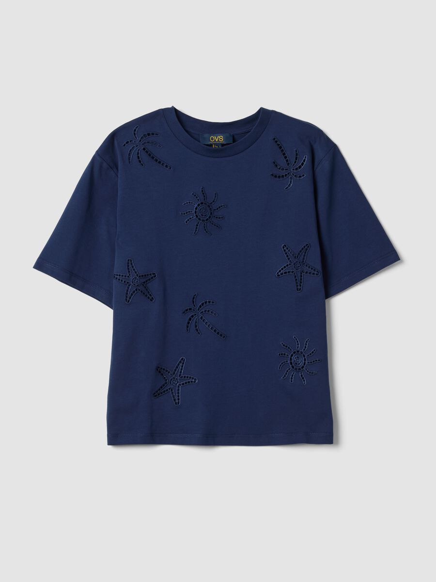 Blue pure cotton T-shirt with openwork embroidery, regular fit_0