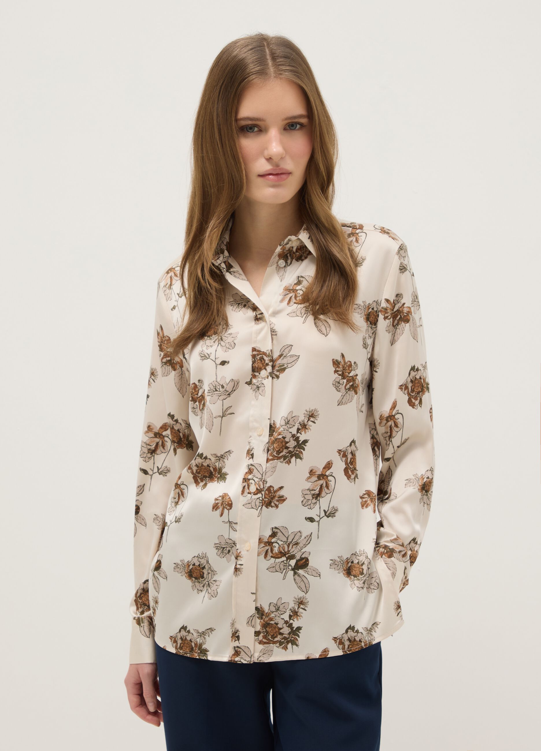 Multicolour Long Sleeve Satin Shirt with Floral Pattern, Regular Fit