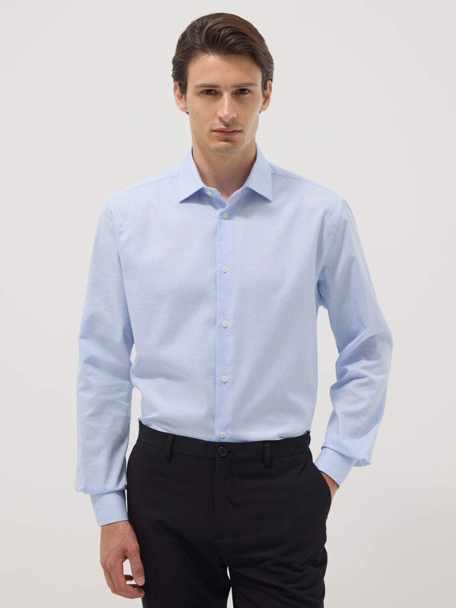 Light blue pure cotton regular fit shirt with micro-checks_0