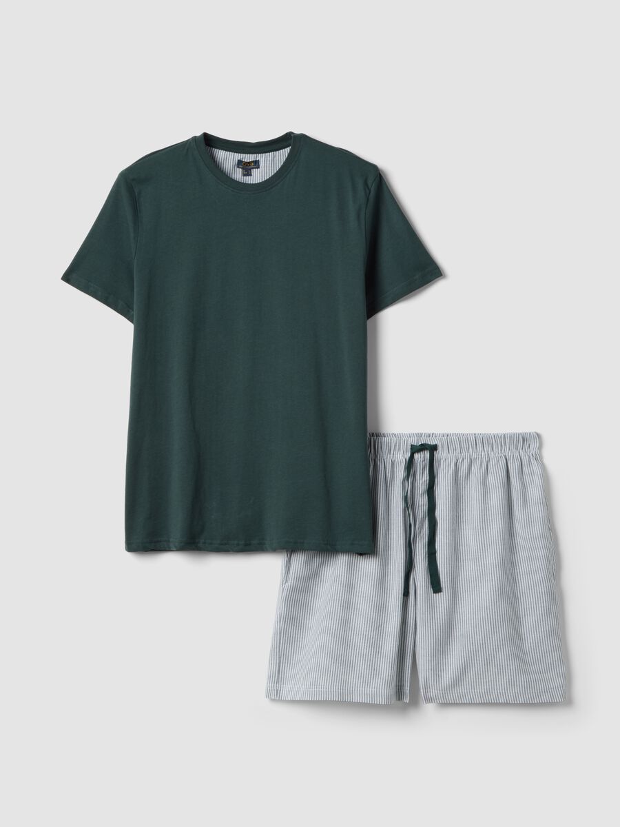 Green short-sleeve striped pyjama set in pure organic cotton jersey_0