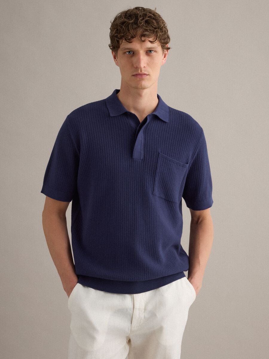 Blue pure cotton polo shirt with chest pocket, regular fit_0