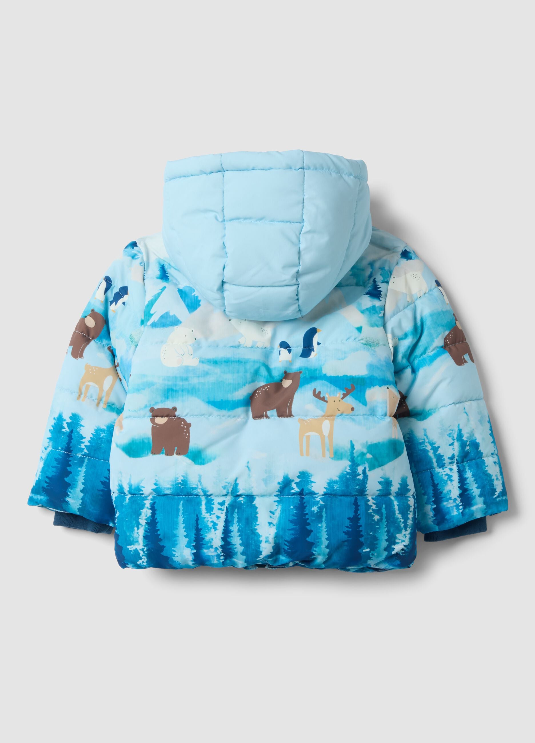 Blaue wattierte Jacke mit Kapuze und Tierprint, Regular Fit