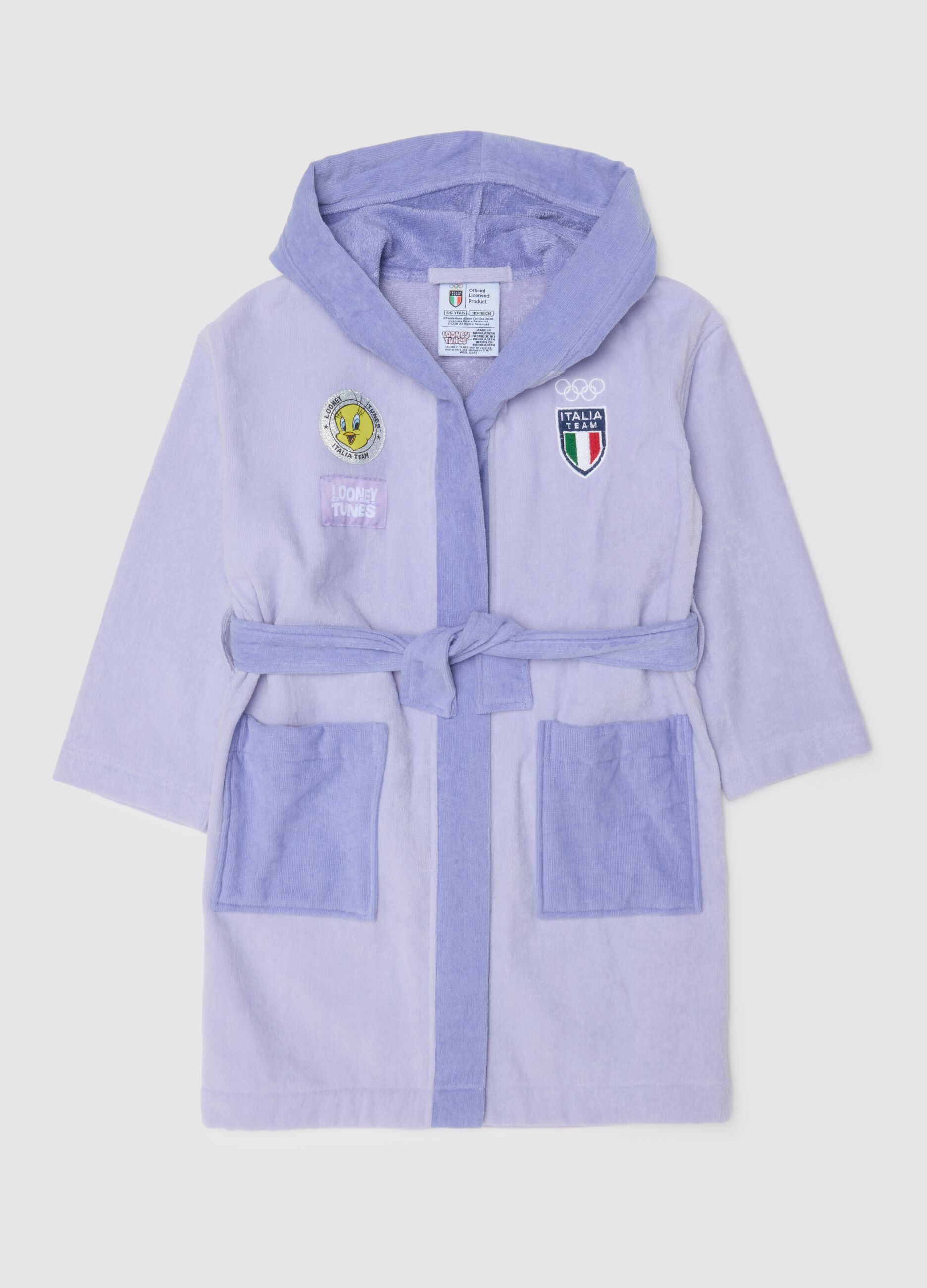 Purple hooded bathrobe for girls in pure cotton with print