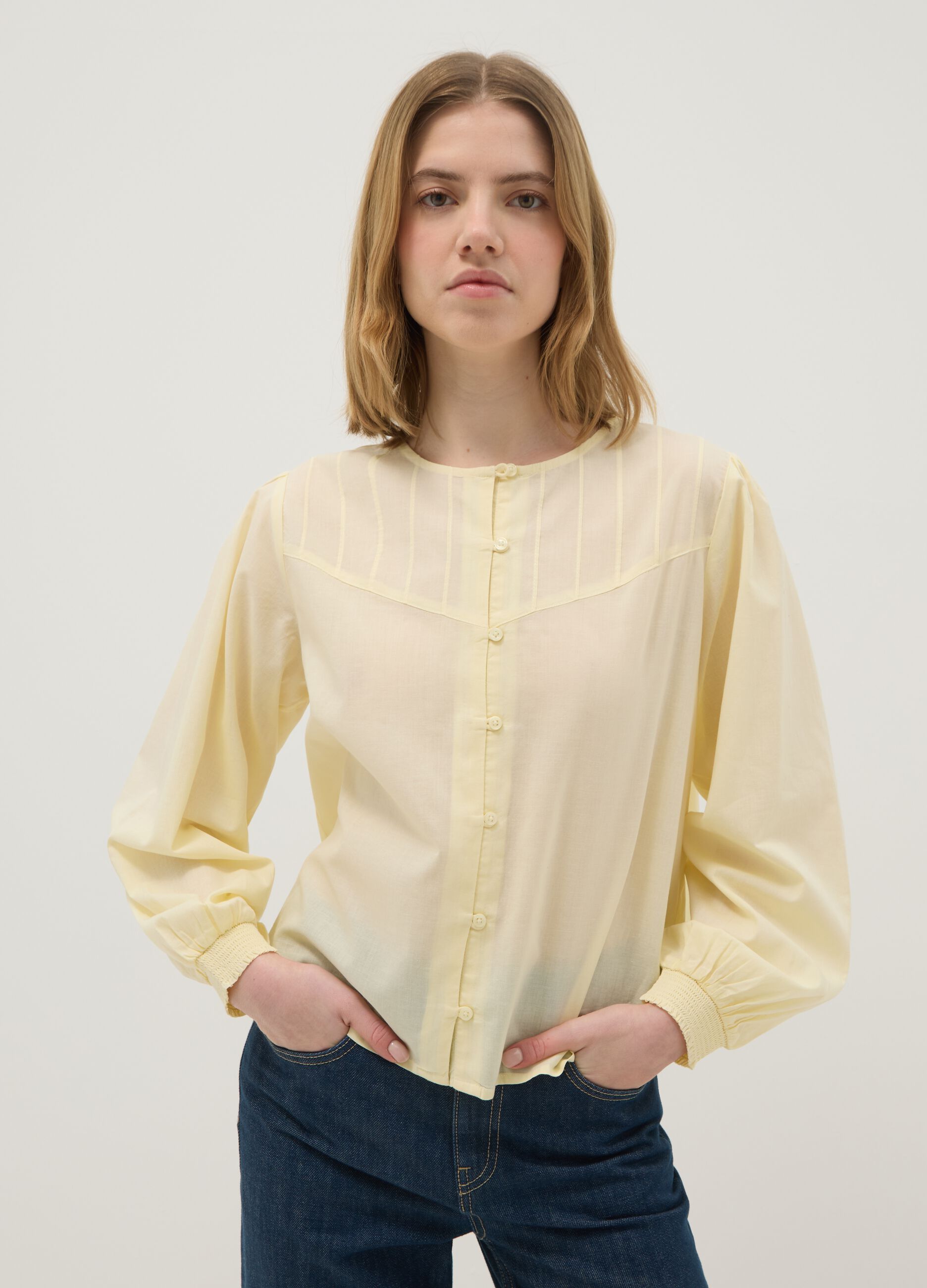 Beige pure cotton regular fit shirt with buttons and rounded collar