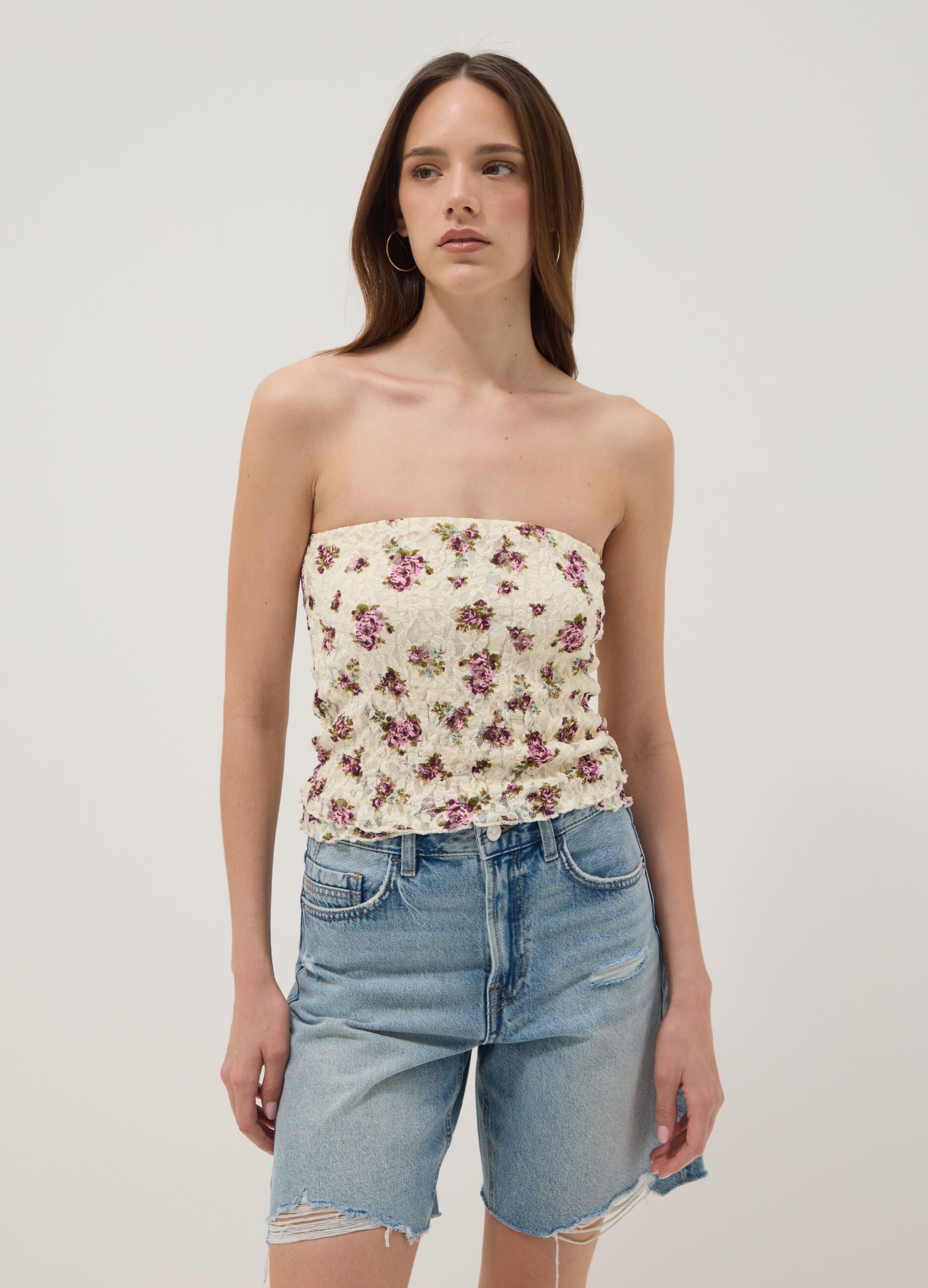 Short beige floral stretch top