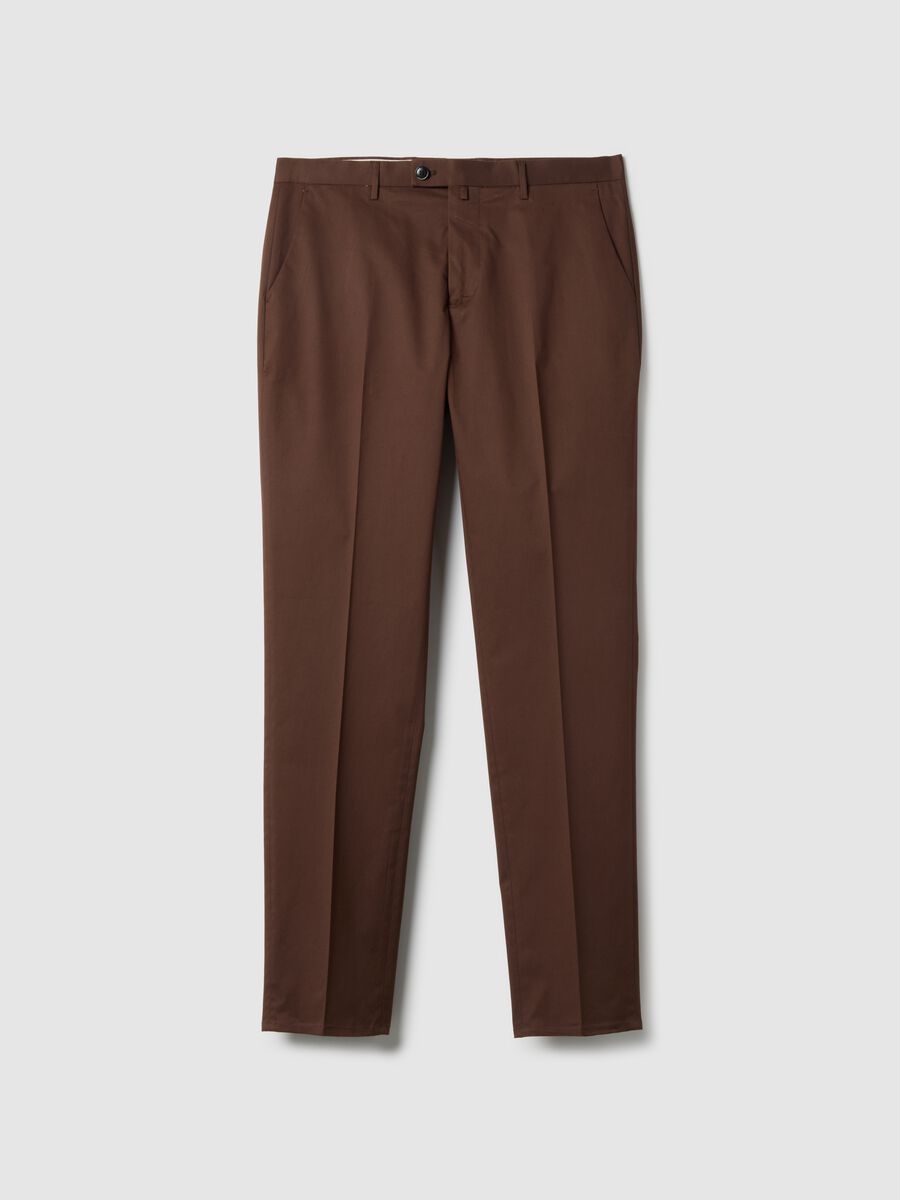 Brown regular fit stretch cotton trousers_0