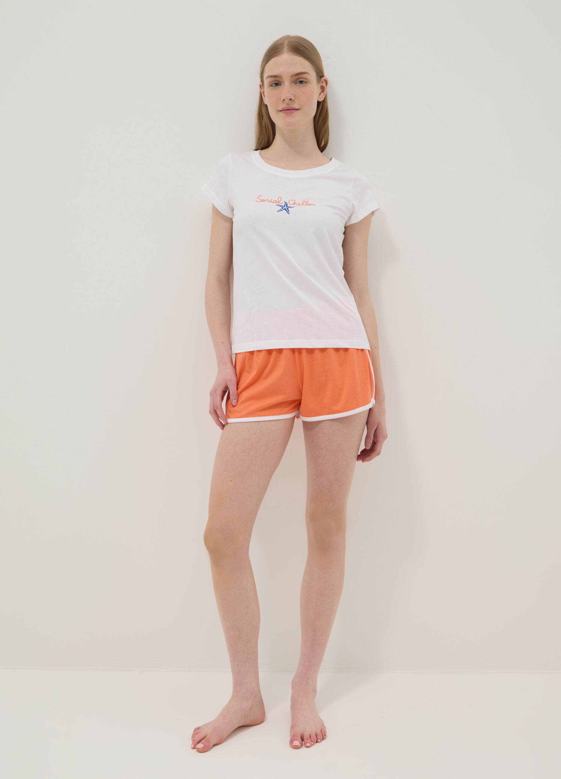 White pure cotton pyjama T-shirt, regular fit with embroidery