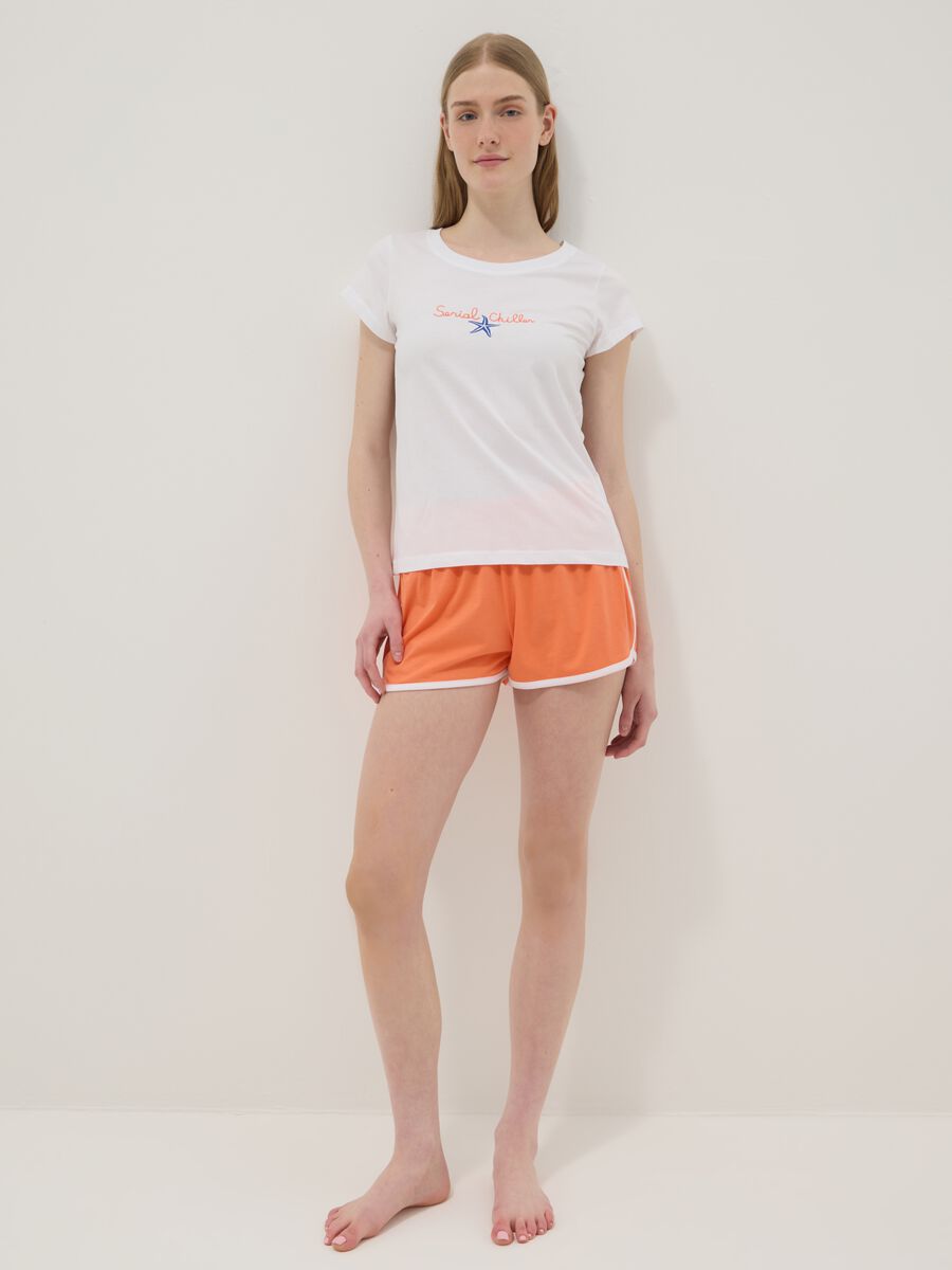 White pure cotton pyjama T-shirt, regular fit with embroidery_0