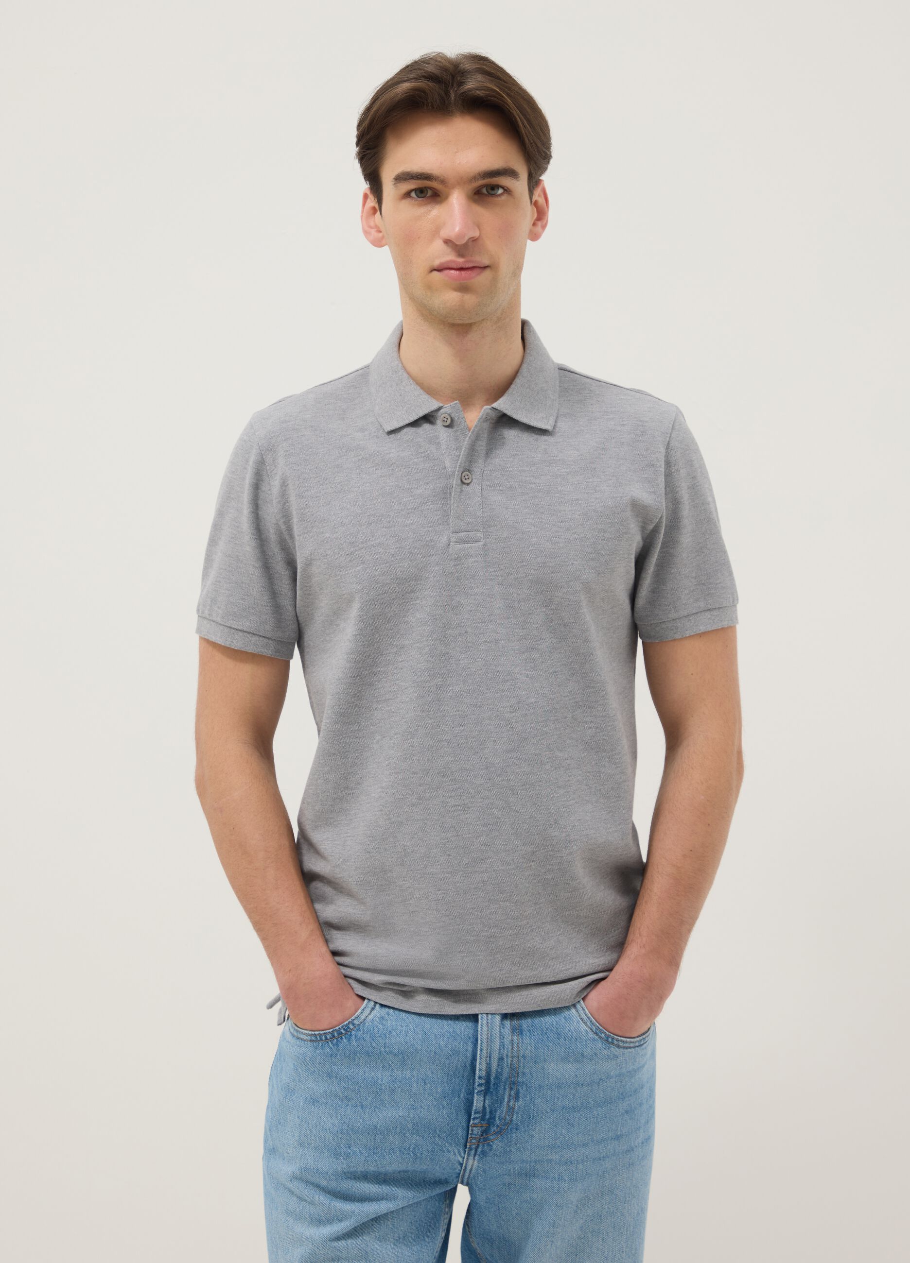 Grey pure cotton short-sleeve polo shirt, regular fit