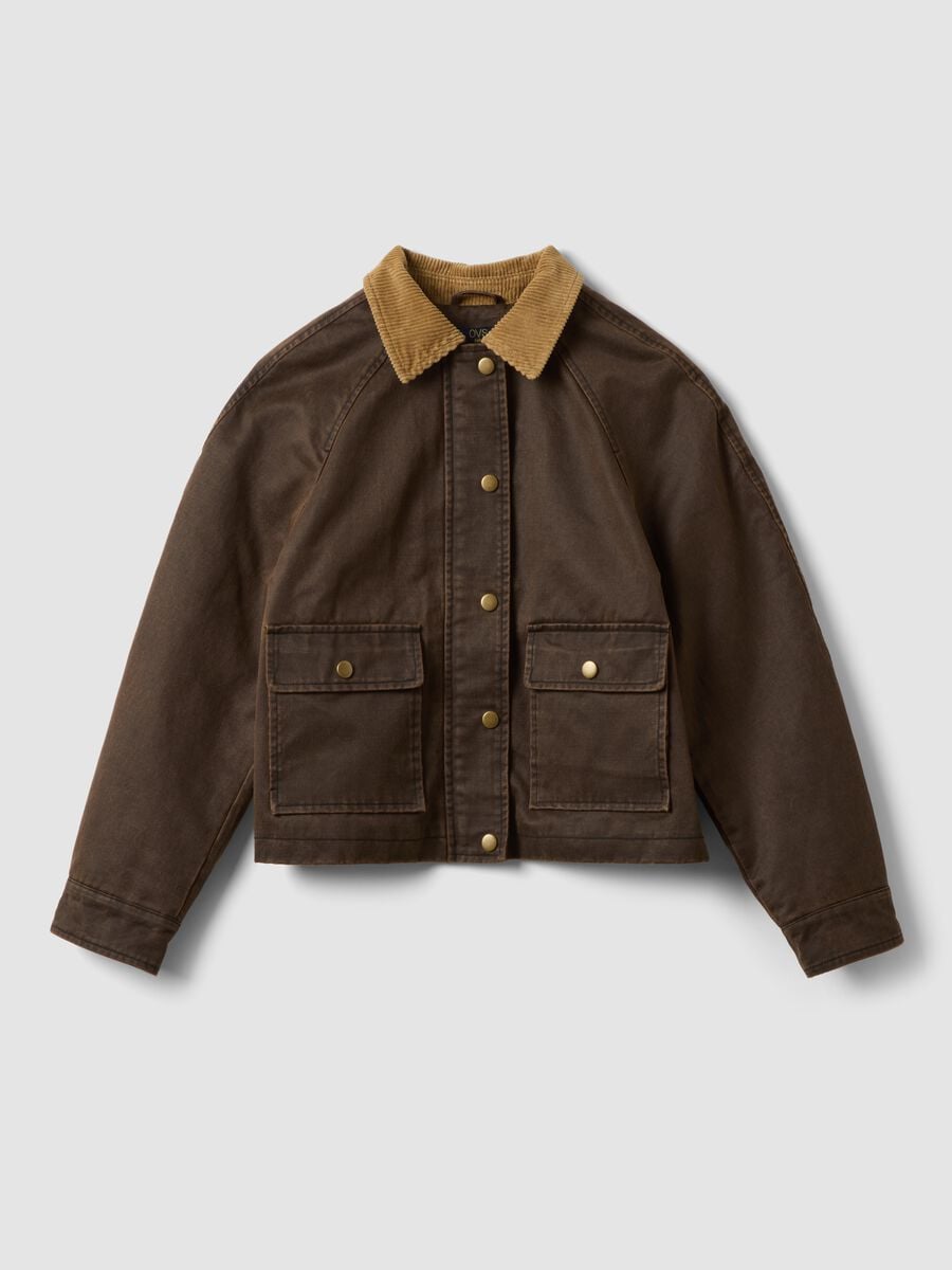 Brown cotton-blend jacket with contrast collar for girls_3
