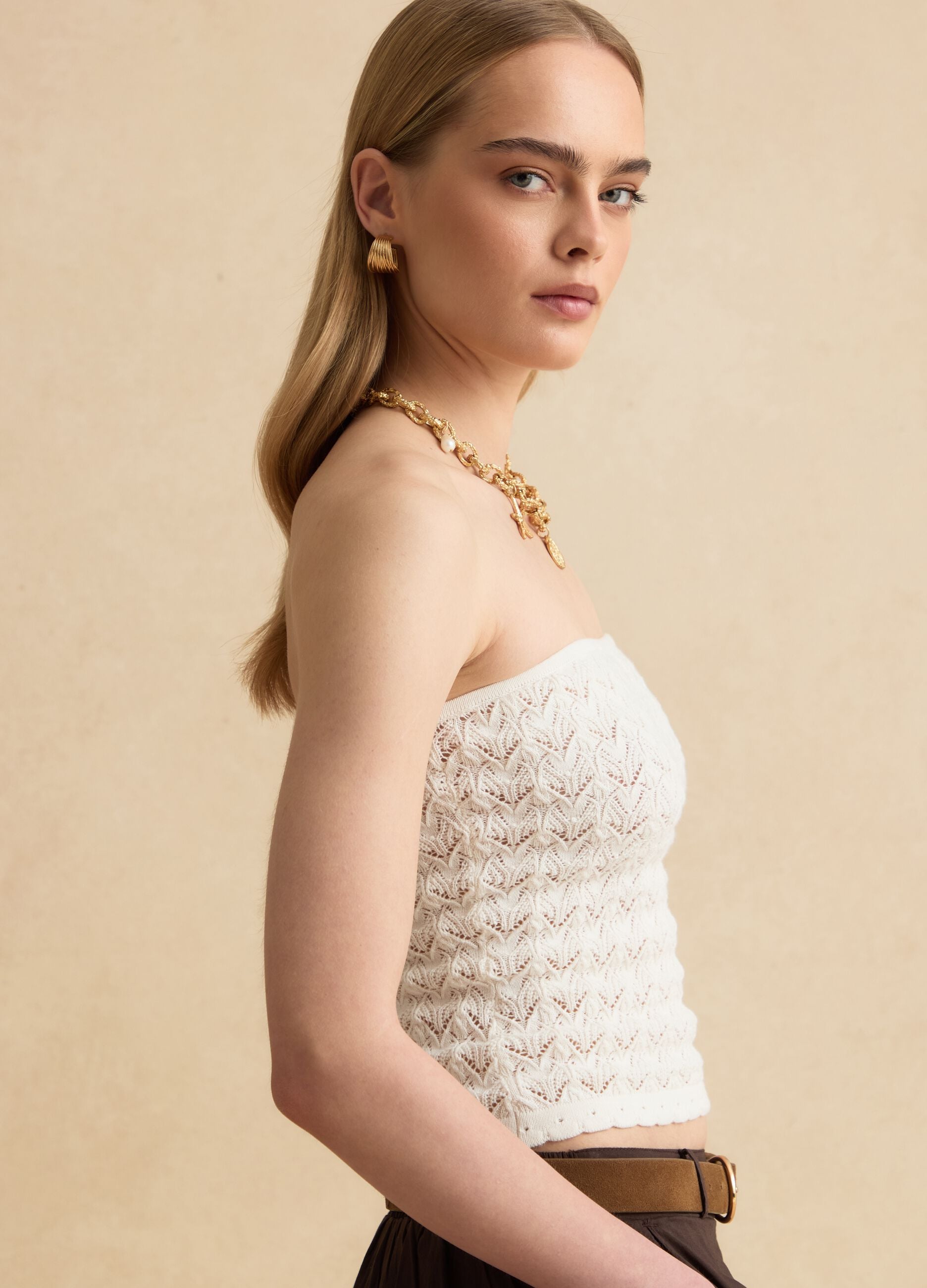 White pure cotton bandeau top with openwork knit