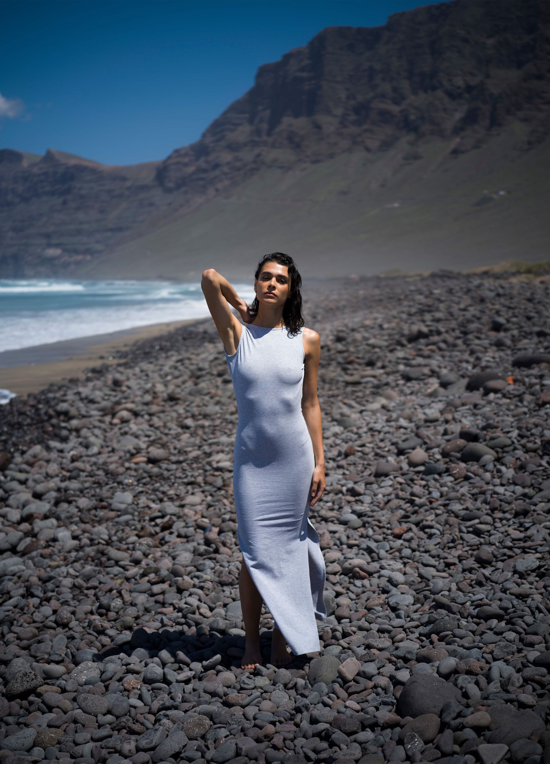 Grey Melange Backless Long Dress 