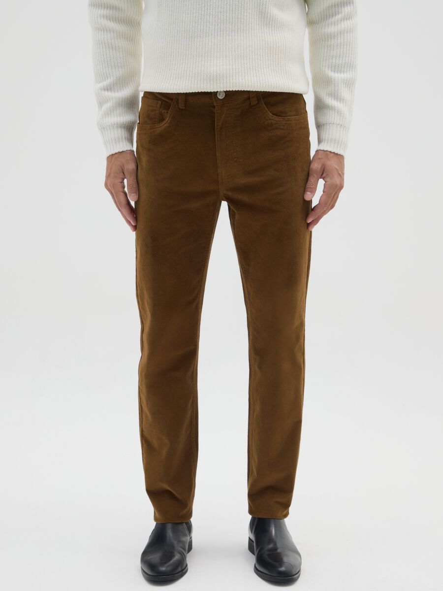 Brown stretch cotton and corduroy slim fit trousers_1