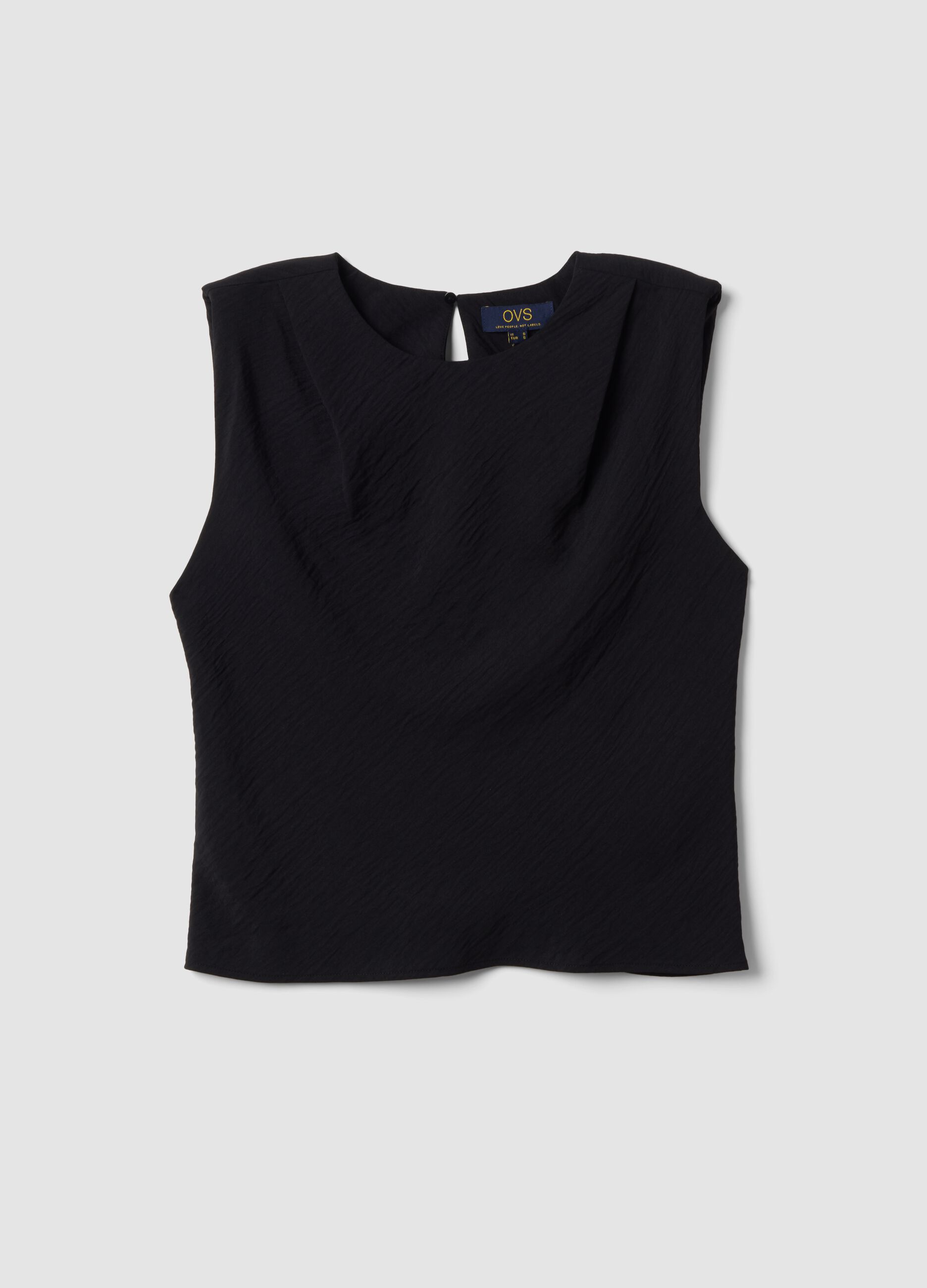 Black sleeveless pleated-texture blouse, regular fit